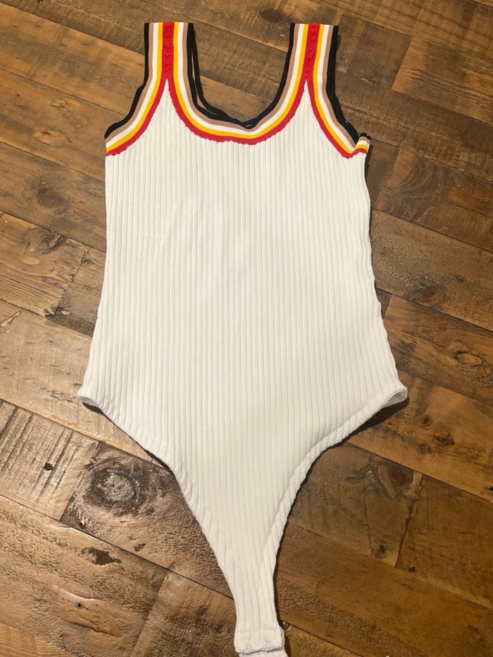 Kendall & Kylie White Ribbed Thong Bodysuit with Multicolor Striped Trim